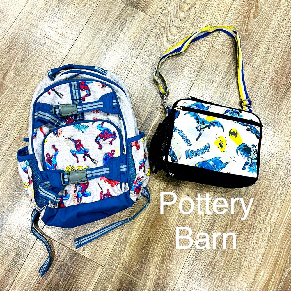Pottery barn Spider-Man backpack and Batman lunchbox.